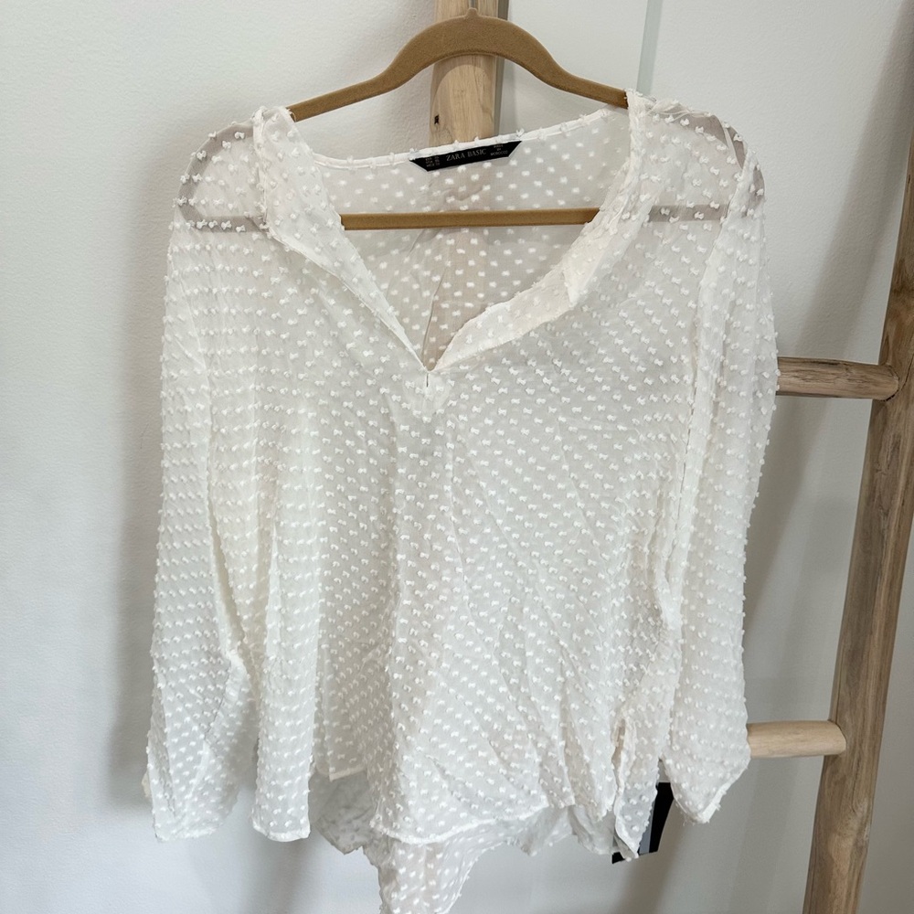 Zara White Swiss Dot Sheer Blouse - Women's Top